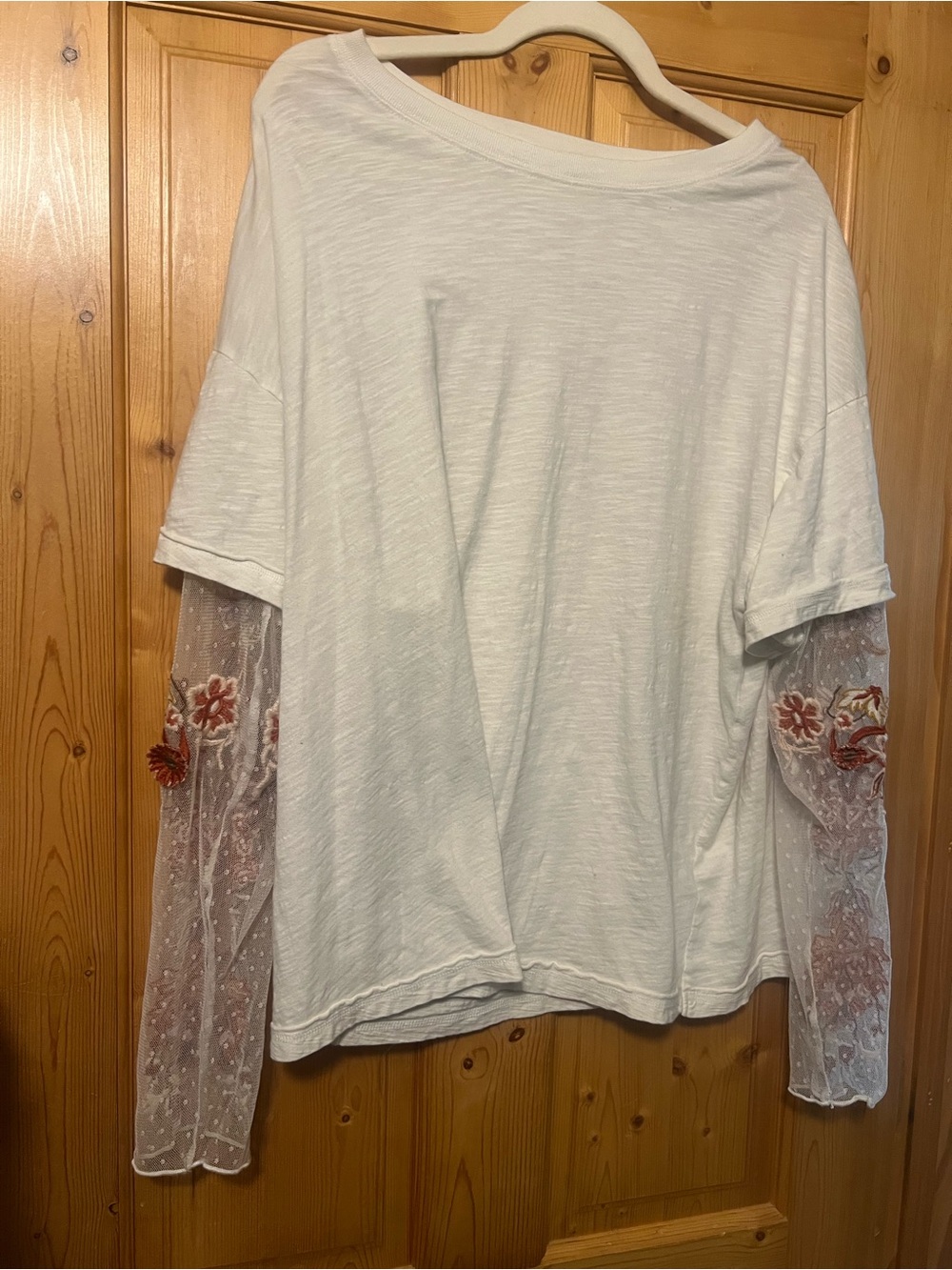 Free People White Tee with Sheer Embroidered Floral Sleeves. NWT